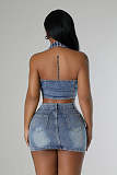 Sexy Lace-up Halter Crop Top With Mini Skirt Denim Two-pieces Sets LX-6021