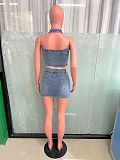 Sexy Lace-up Halter Crop Top With Mini Skirt Denim Two-pieces Sets LX-6021