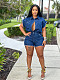 Women Elastic Waist Turndown Collar Street Style Strech Denim Romper LX-6987