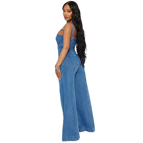 Sexy Women Suspenders Buttons Denim Wide Leg Long Jumpsuit LX-6023