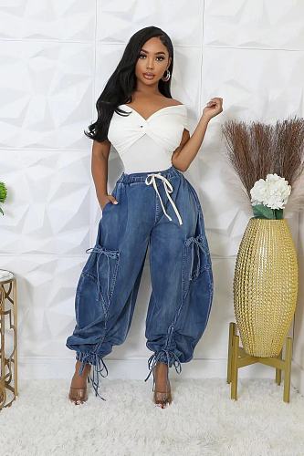 Women Loose Slim Straight Leg Elastic Waist Drawstring Bow Jeans OD-8708