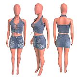 Sexy Lace-up Halter Crop Top With Mini Skirt Denim Two-pieces Sets LX-6021
