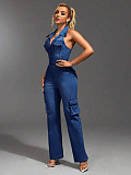 Women Sexy Backless Halter Long Straight Denim Jumpsuit LX-3577