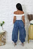 Women Loose Slim Straight Leg Elastic Waist Drawstring Bow Jeans OD-8708