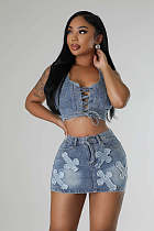 Sexy Lace-up Halter Crop Top With Mini Skirt Denim Two-pieces Sets LX-6021