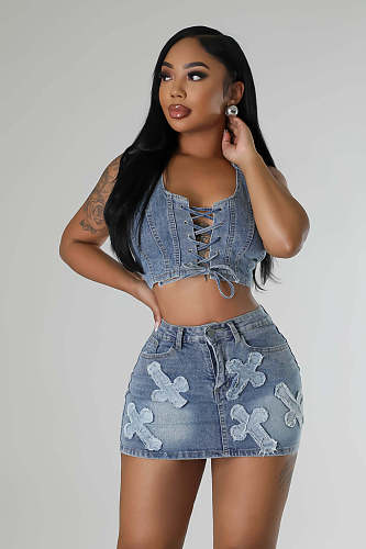 Sexy Lace-up Halter Crop Top With Mini Skirt Denim Two-pieces Sets LX-6021