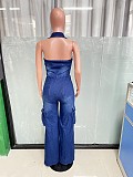 Women Sexy Backless Halter Long Straight Denim Jumpsuit LX-3577