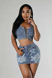 Sexy Lace-up Halter Crop Top With Mini Skirt Denim Two-pieces Sets LX-6021
