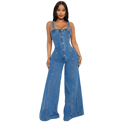 Sexy Women Suspenders Buttons Denim Wide Leg Long Jumpsuit LX-6023