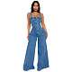 Sexy Women Suspenders Buttons Denim Wide Leg Long Jumpsuit LX-6023