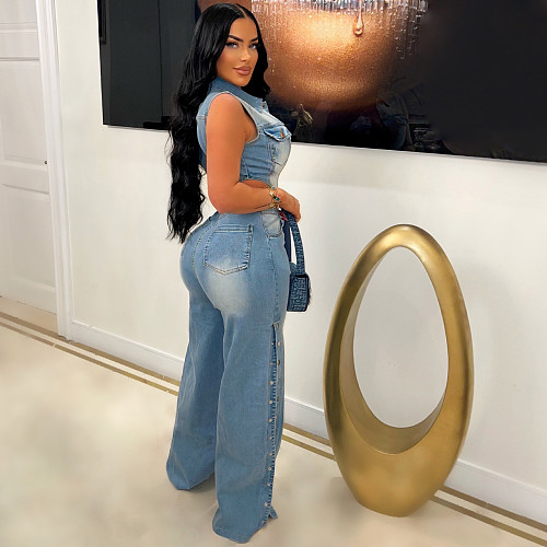 Women Turndown Collar Sleeveless Hollow-out Straight-leg Denim Jumpsuit LX-6986