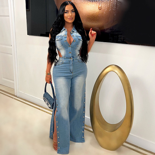 Women Turndown Collar Sleeveless Hollow-out Straight-leg Denim Jumpsuit LX-6986