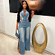 Women Turndown Collar Sleeveless Hollow-out Straight-leg Denim Jumpsuit LX-6986