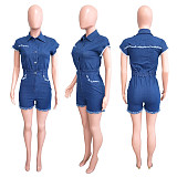 Women Elastic Waist Turndown Collar Street Style Strech Denim Romper LX-6987