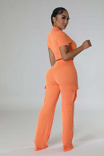 Women Solid Color Short Sleeves Wide-leg Pants Casual 2 Pieces Sets XMY-9469