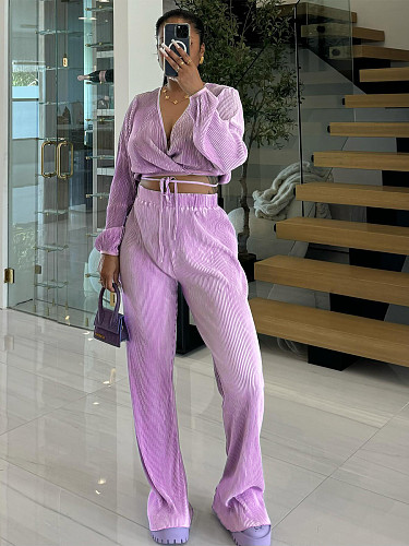 Sexy Deep-V Crop Top And Long Pants Women Pleated 2 Pieces Sets CH-24048