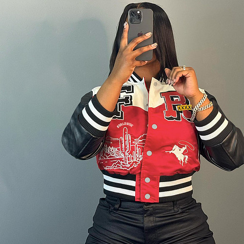 Stylish Printed Women Patchwork Long Sleeves Baseball Jacket RS-24354