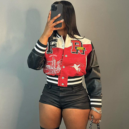 Stylish Printed Women Patchwork Long Sleeves Baseball Jacket RS-24354