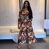 Women Printed Long Sleeves Turndown Collar Buttons Split Maxi Dress NY-10897