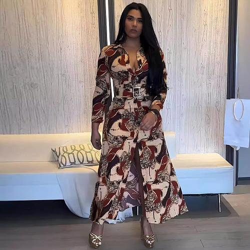Women Printed Long Sleeves Turndown Collar Buttons Split Maxi Dress NY-10897