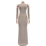 Sexy Backless Hot Drilling Strapless Slim Long Club Dresses BY-7021