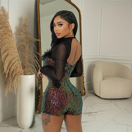 Fashion Sequin Women Backless Deep-V Feather Patchwork Romper BY-7055