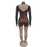 Fashion Sequin Women Backless Deep-V Feather Patchwork Romper BY-7055