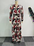 Women Printed Long Sleeves Turndown Collar Buttons Split Maxi Dress NY-10897