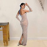 Sexy Backless Hot Drilling Strapless Slim Long Club Dresses BY-7021