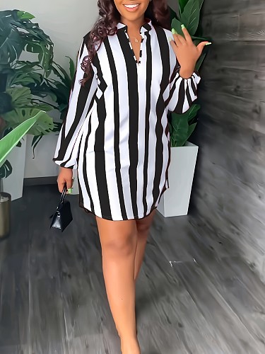 Casual Girls Stripes Long Sleeves Large Size Blouse Dress TB-5971