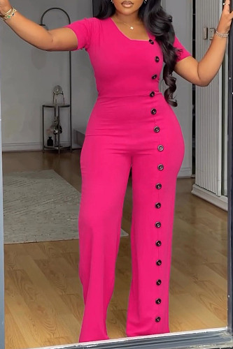 Rose Red Women Irregular Buttons Wide-leg Jumpsuit NY-10893