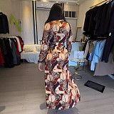 Women Printed Long Sleeves Turndown Collar Buttons Split Maxi Dress NY-10897