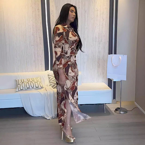 Women Printed Long Sleeves Turndown Collar Buttons Split Maxi Dress NY-10897