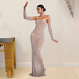 Sexy Backless Hot Drilling Strapless Slim Long Club Dresses BY-7021