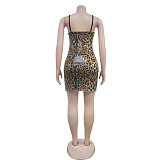 Women Leopard Print Straps Sequin Sexy Package Hips Mini Club Dress BY-7078