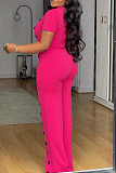 Rose Red Women Irregular Buttons Wide-leg Jumpsuit NY-10893