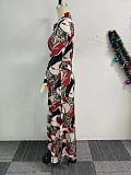 Women Printed Long Sleeves Turndown Collar Buttons Split Maxi Dress NY-10897
