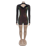 Fashion Sequin Women Backless Deep-V Feather Patchwork Romper BY-7055