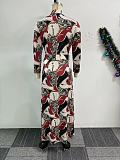 Women Printed Long Sleeves Turndown Collar Buttons Split Maxi Dress NY-10897
