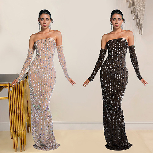 Sexy Backless Hot Drilling Strapless Slim Long Club Dresses BY-7021