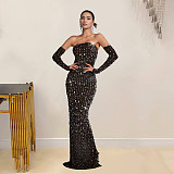 Sexy Backless Hot Drilling Strapless Slim Long Club Dresses BY-7021