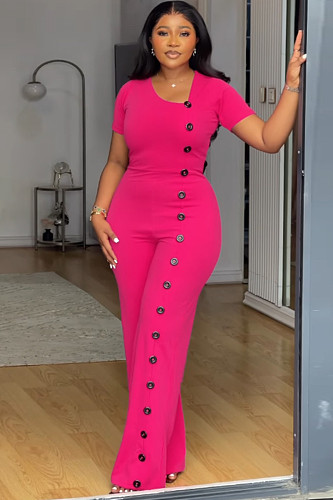 Rose Red Women Irregular Buttons Wide-leg Jumpsuit NY-10893