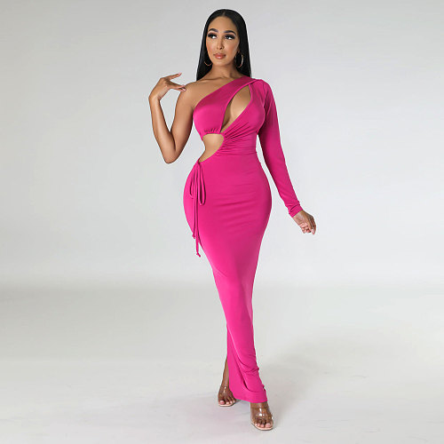 Sexy Single Shoulder Hollow-out Slim Bodycon Long Dress NTY-7429