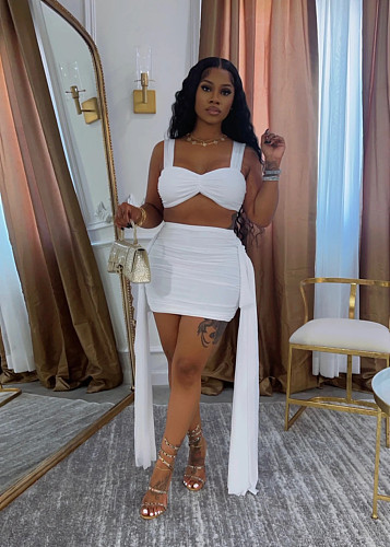 Women Sexy 2 Pieces Sets Solid Color Crop Top And Ruffles Skirt NTY-7418