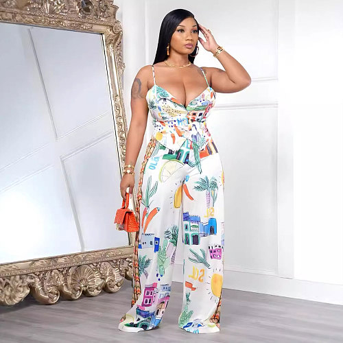 Sexy Strapless Straps Women Printed Wide-leg Pants Two Pieces Sets NTY-7428