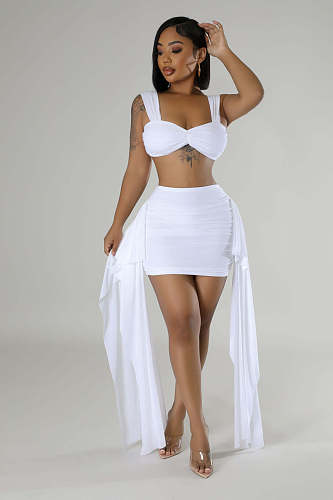 Women Sexy 2 Pieces Sets Solid Color Crop Top And Ruffles Skirt NTY-7418