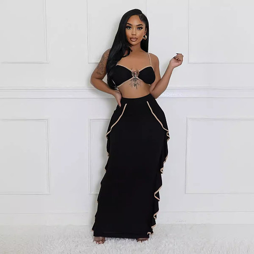 Sexy Bralettes Crop Top And Ruffles Long Skirts Women 2 Pieces Sets NTY-7432