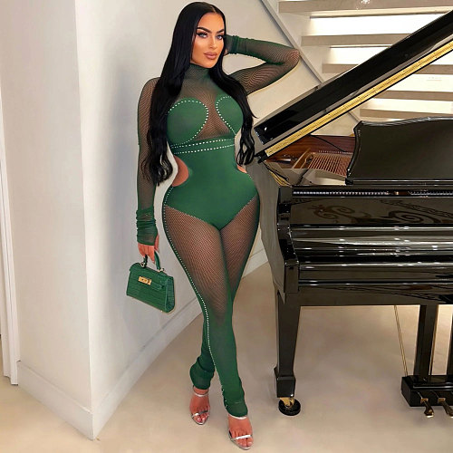 Rhinestone See Through Mesh Jumpsuit Long Sleeve Cut Out Bodycon NTY-7355