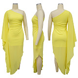 Sexy Oblique Shoulder Solid Color Chiffon Party Long Dress YF-10795