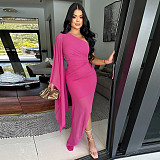 Sexy Oblique Shoulder Solid Color Chiffon Party Long Dress YF-10795